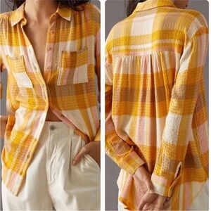 Anthropologie‎ Pilcro Women Small relaxed Yellow White Long Sleeve Plaid Top